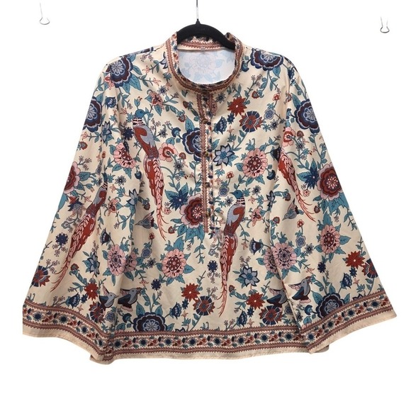 Tops - Boho Floral Bird Print Blouse XL Mock Neck Bell Sleeve Peacock Pattern Top